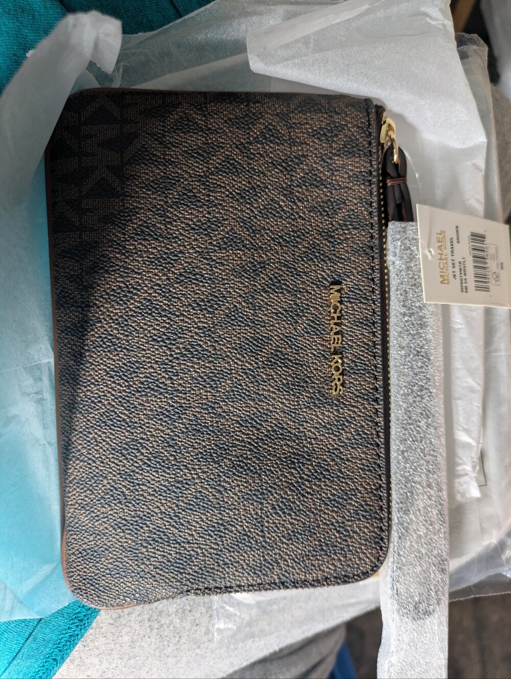Michael Kors Brown Signature Logo Zip Wristlet with Gold Hardware